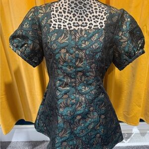 NWT DISTURBIA Rena Snake Jacquard Puff Sleeve Mini Dress Sz 12 Green Gold